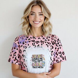 Women's Polyester Animal Print Pink/Purple Black Jesus Loves Me T-Shirt NWOT XL